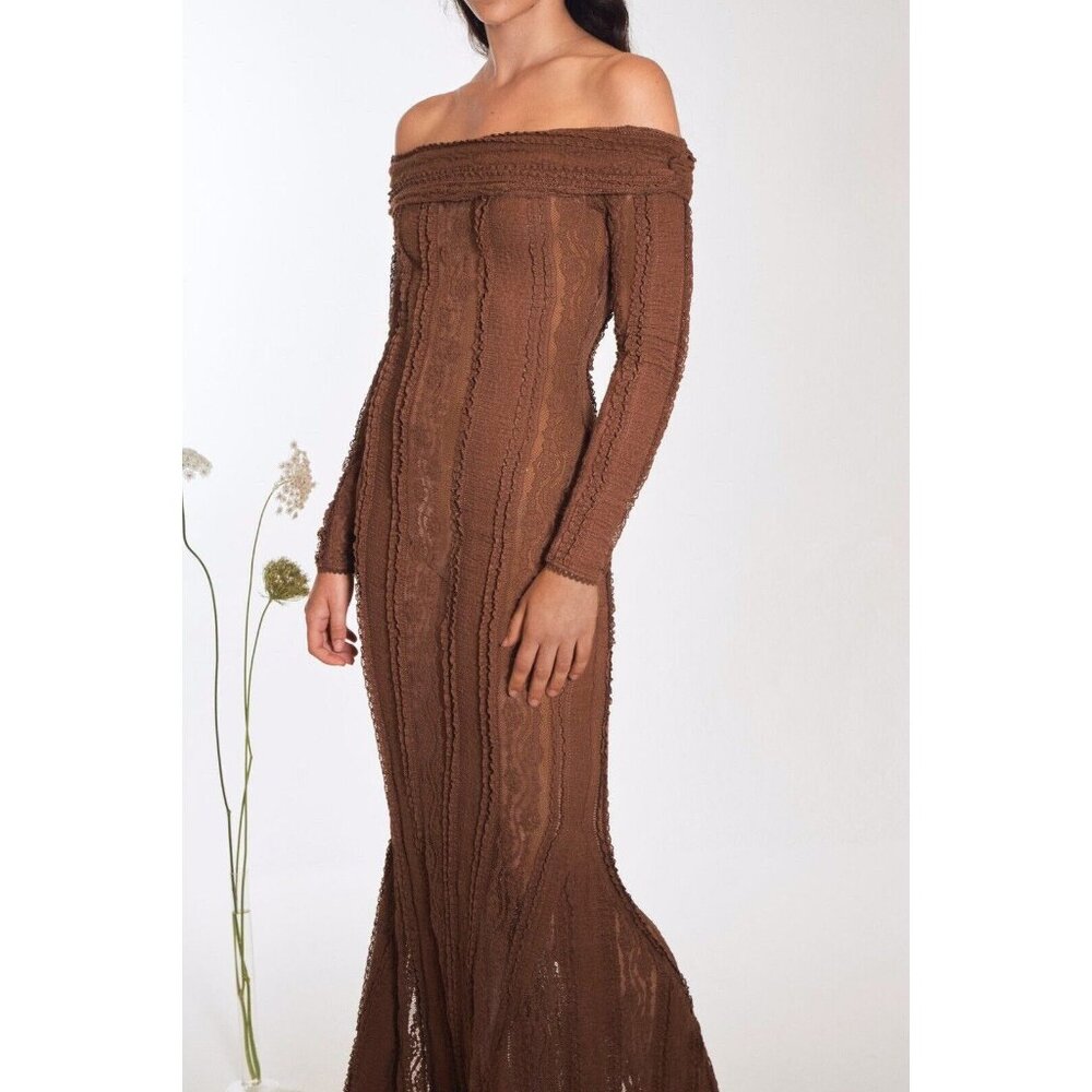 $760 Charo Ruiz Ibiza Minerva Long Brown Mesh Lace Dress Size XS